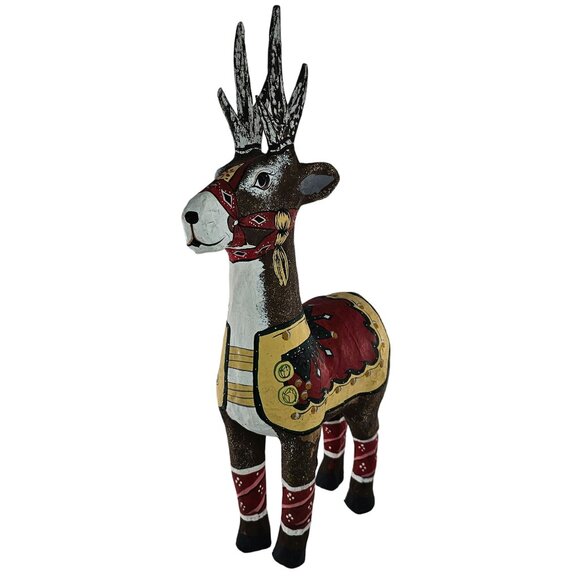 Hand Painted Papier Mache Reindeer Statue With Antlers Colorful Saddle Christmas - Picture 2 of 9
